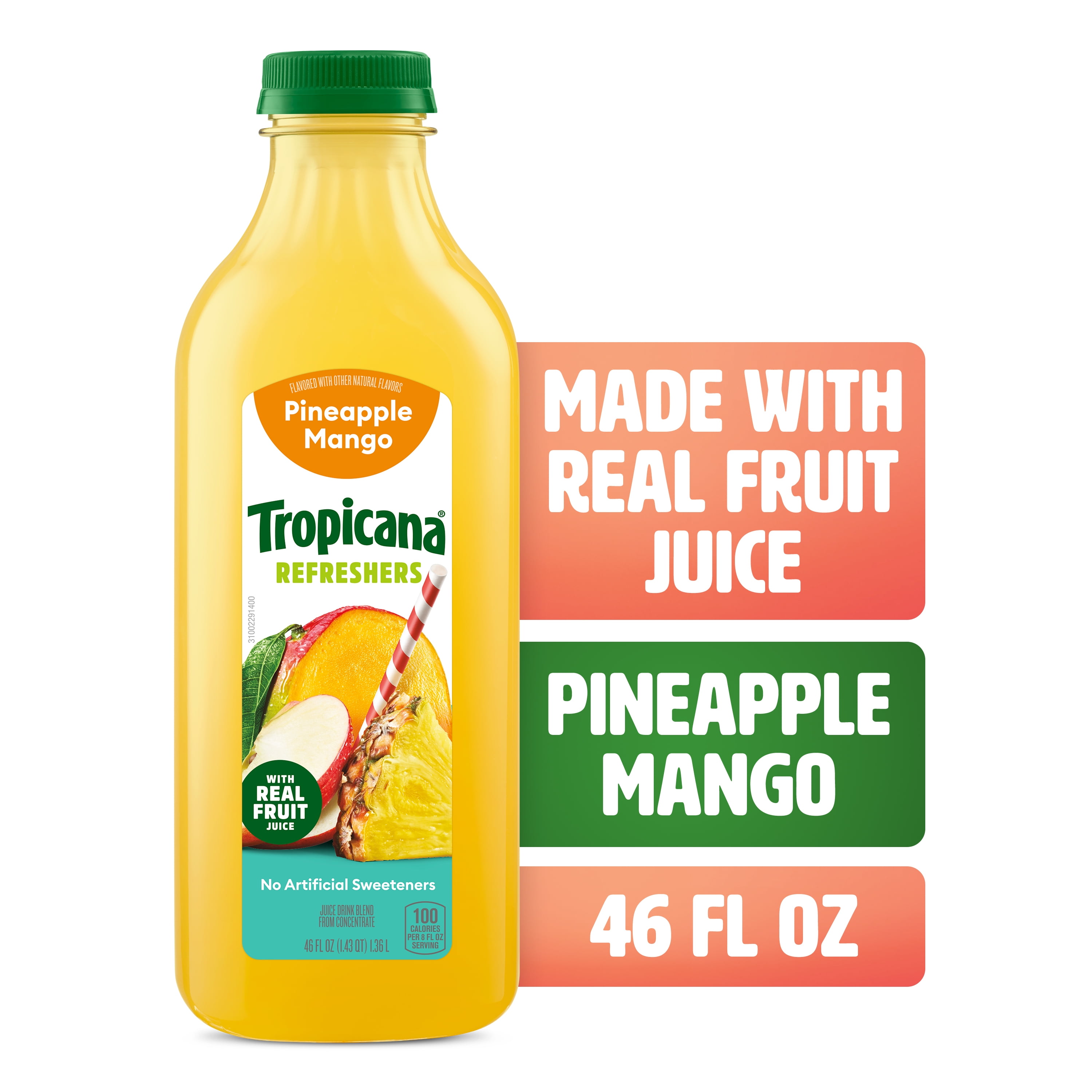 Tropicana Refreshers Pineapple Mango Juice Drink, with Real Fruit Juice, 46 fl oz Bottle
