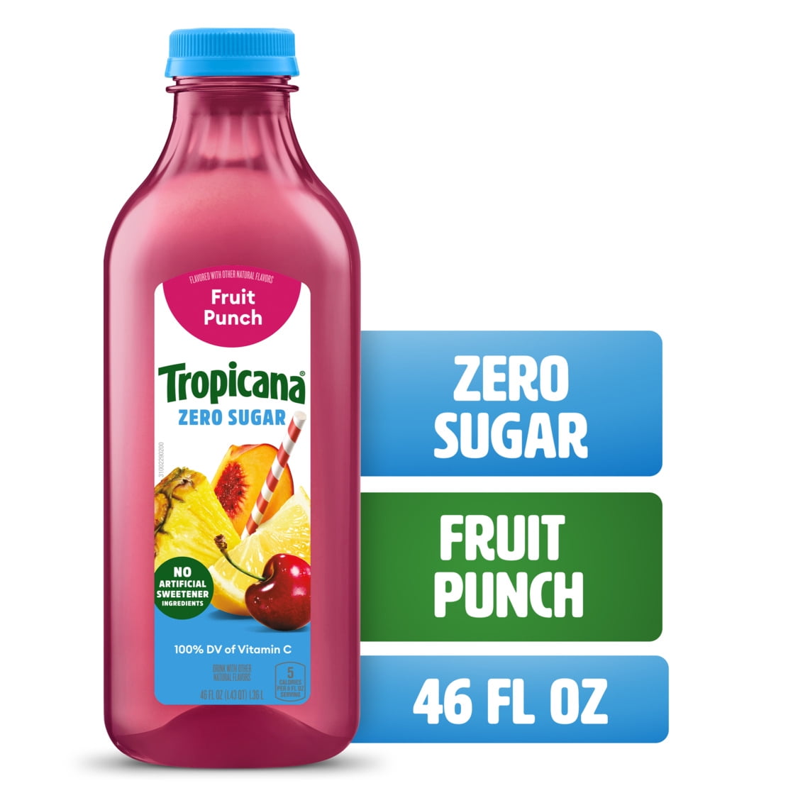 Tropicana Zero Sugar Fruit Punch Juice Drink, 46 fl oz Bottle