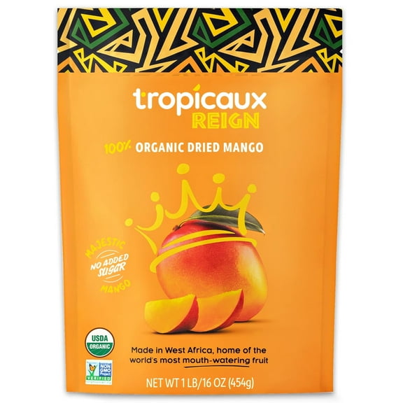 Tropicaux Reign Organic Non-GMO Dried Mango No Sugar Added, 16oz, Pack of 1 (16oz Total)