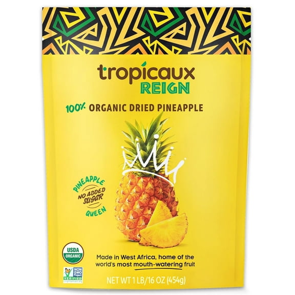 Tropicaux Reign Organic Non-GMO Dried Pineapple No Sugar Added, 16oz, Pack of 1 (16oz Total)