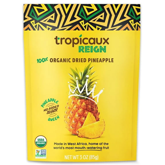Tropicaux Reign Organic Non-GMO Dried Pineapple No Sugar Added, 3oz, Pack of 2 (6oz Total)