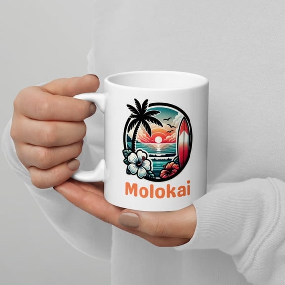 Tropil Sun Coffee Mug, Molokai Beach Palm Tree Surfboard Design, Vibrant Iand Paradise Cup.
