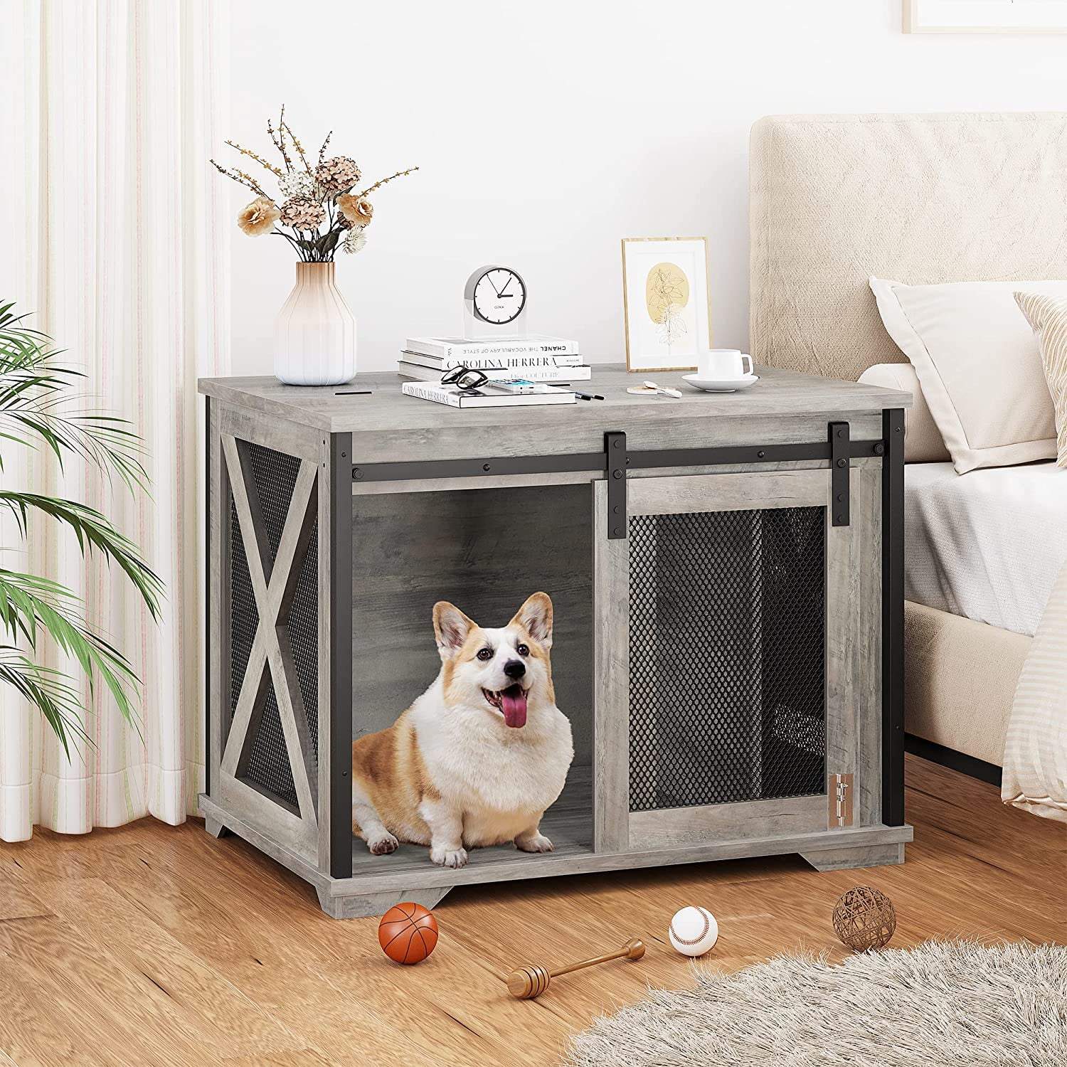 Tropow 37'' Sliding Barn Door Dog Crate Furniture with Flip Top and