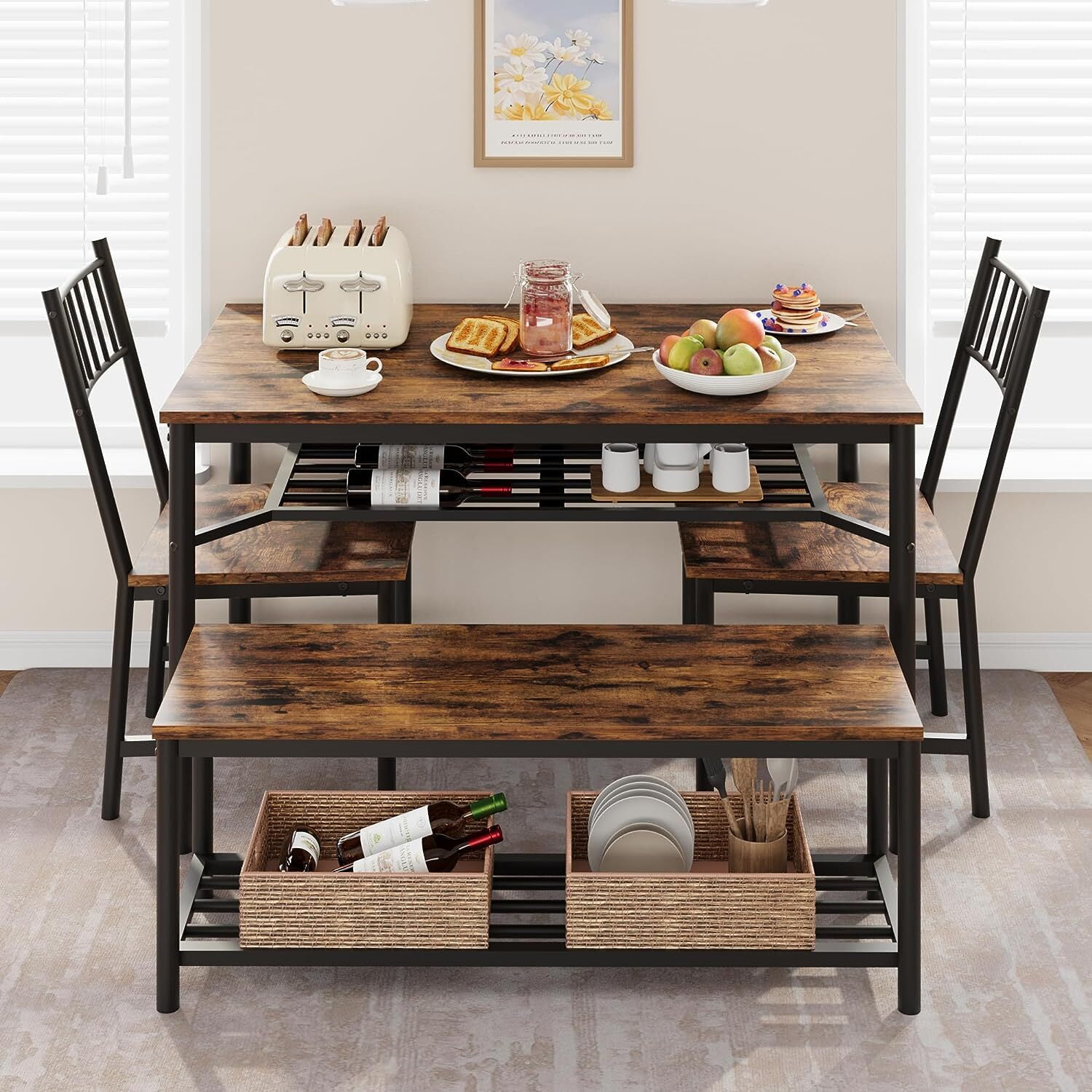 Tropow Dining Table Set for 4, Kitchen Table and 2 Chairs with Storage Bench, 47.2" Rectangular ...