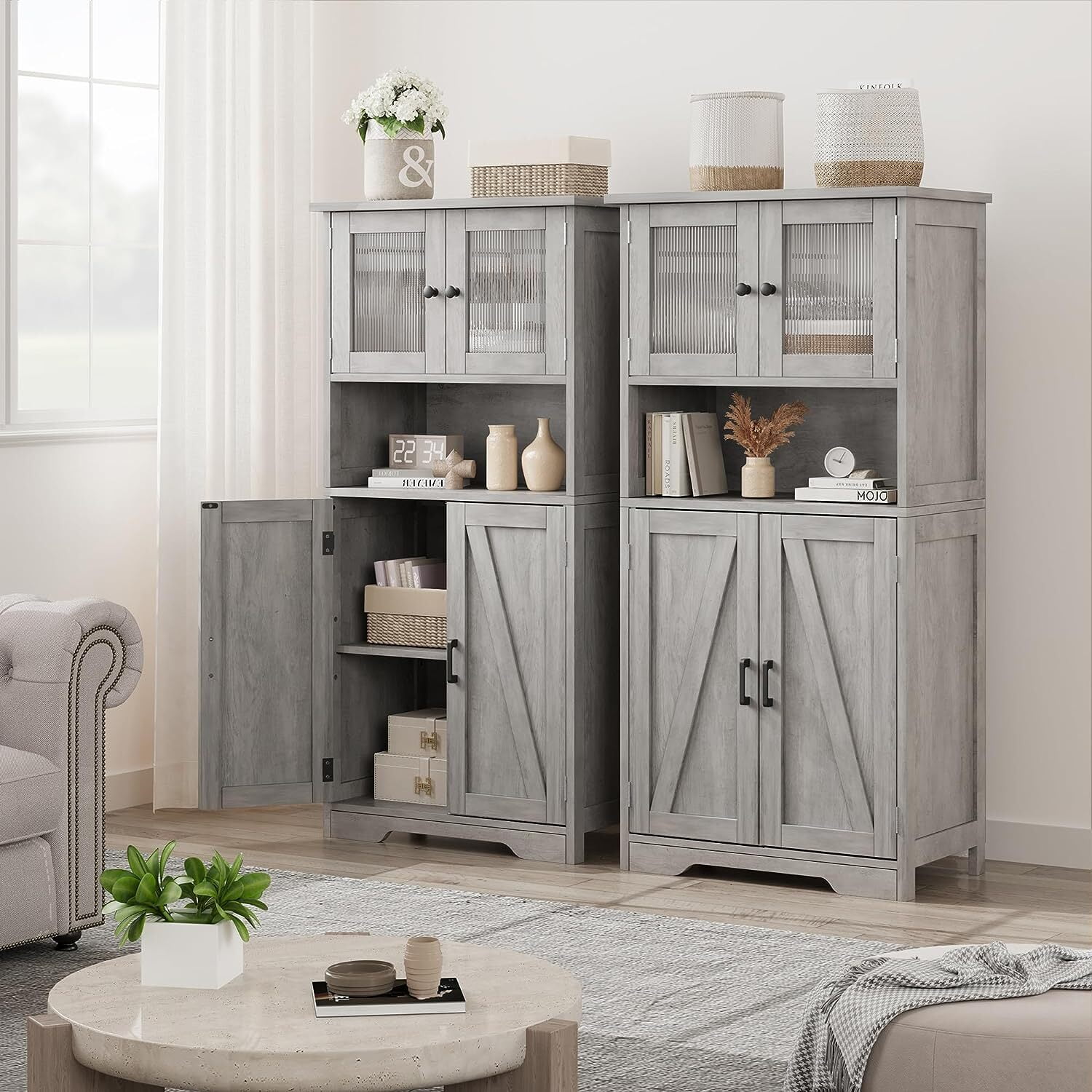 Tropow Double Bathroom Storage Floor White Wooden Linen with Shelves and Glass