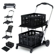 Tropow Multi Use Functional Collapsible Carts ,Mobile Folding Trolley ,Storage Cart Wagon Shopping Cart with 2 Storage Crates (Black)