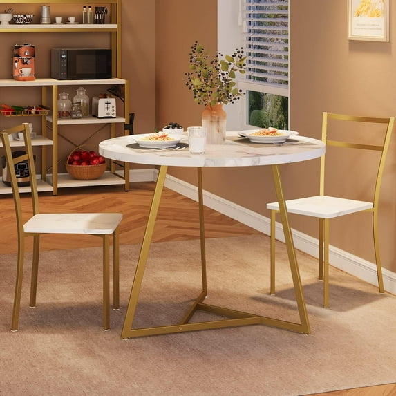 Tropow Small Round Dining Table Set for 2, Wood Marbled Tabletop with Steel Frame, Modern Dinette with Chairs for Kitchen Breakfast Nook Living Room, White and Gold