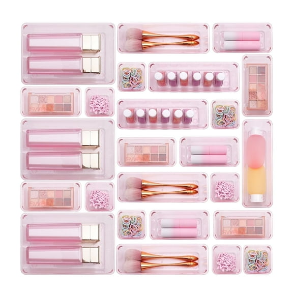 Trotianingyu 25 PCS Pink Plastic Drawer Organizers Set,4 Size Bathroom & Vanity Drawer Organizer Trays, Storage Bins for Makeup, Kitchen & Office