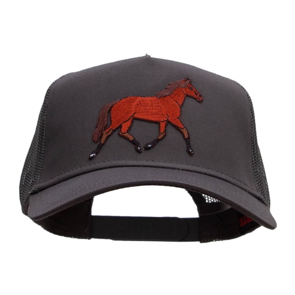 Trotting Equestrian Horse Solid Cotton Twill 5 panel Mesh Back Patched Cap - Charcoal OSFM