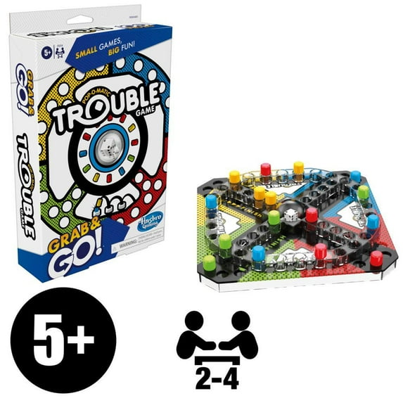 Trouble Grab and Go Game for Ages 5 and Up, Portable Game for 2-4 Players, Travel Game