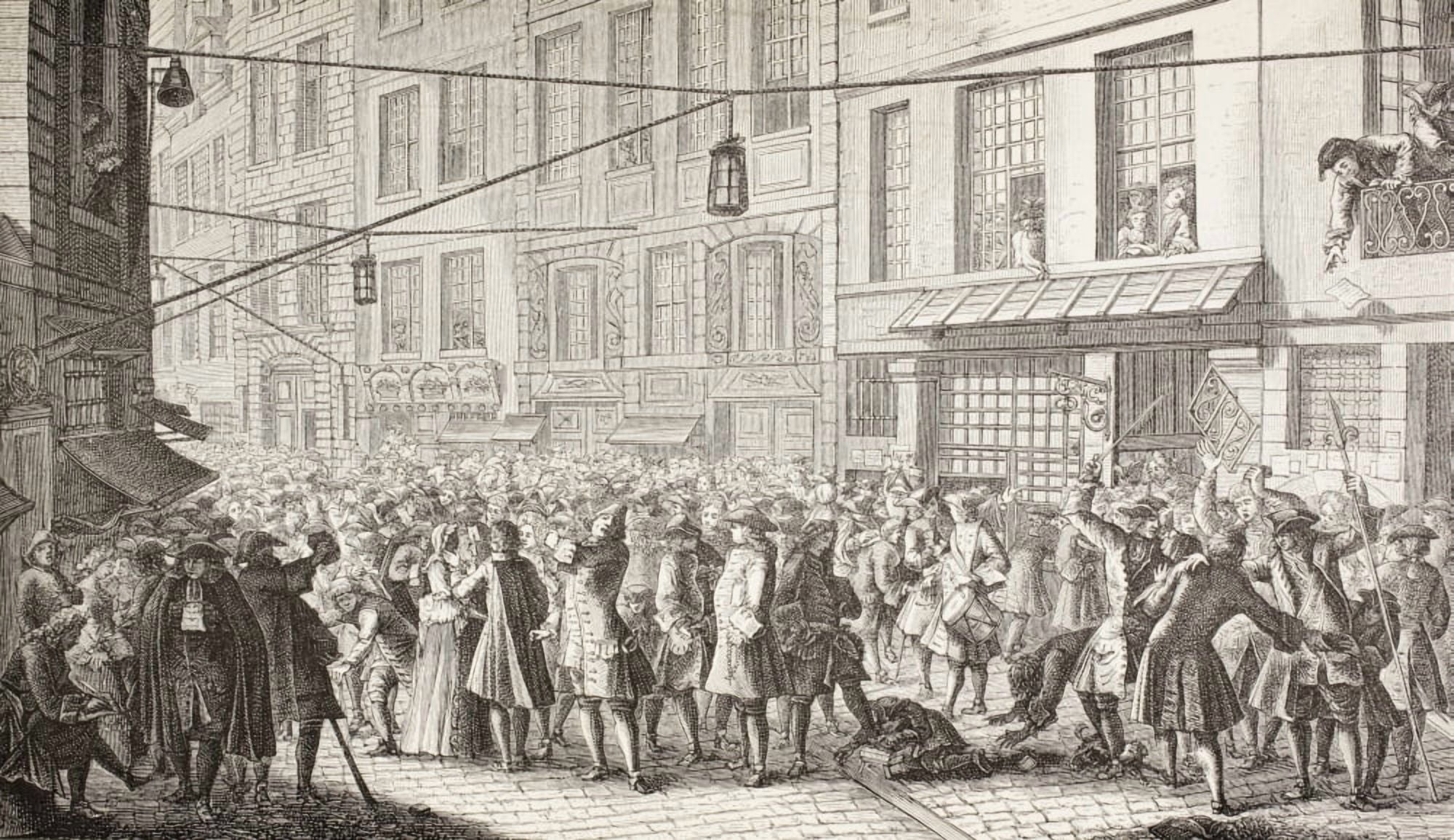 Trouble In The Rue Quincampoix Paris In 1718 Near John Laws Banque G Canvas Art - Ken Welsh Design Pics (19 x 11)