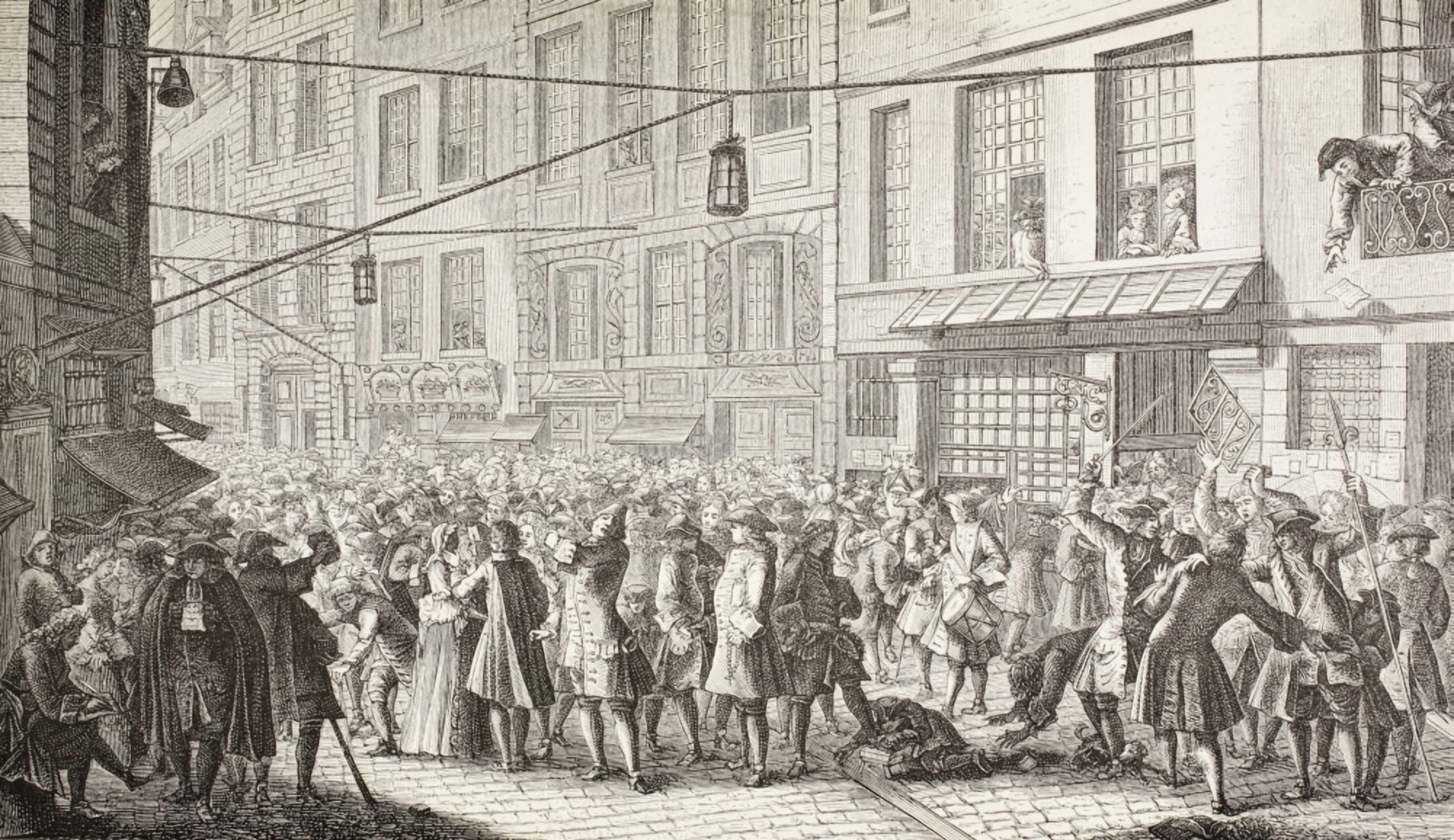 Trouble In The Rue Quincampoix Paris In 1718 Near John Laws Banque G Canvas Art - Ken Welsh Design Pics (38 x 22)