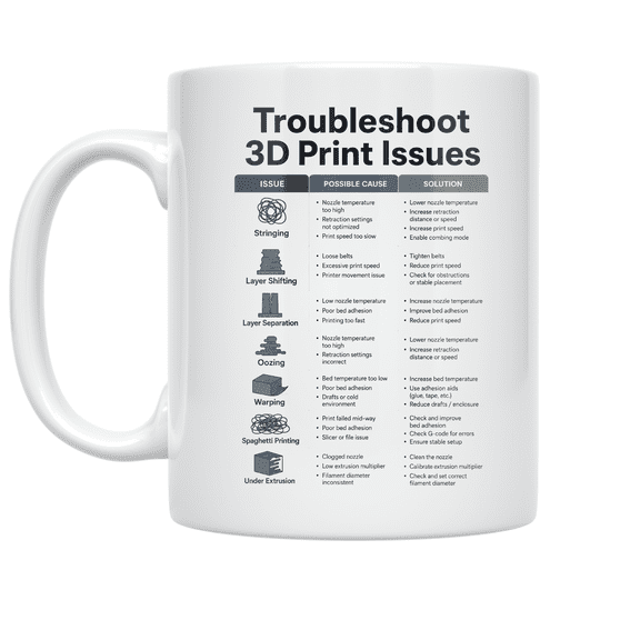 Troubleshoot 3D Print Issues Chart - 3D Printing Enthusiast - 11 oz Ceramic Coffee Mug
