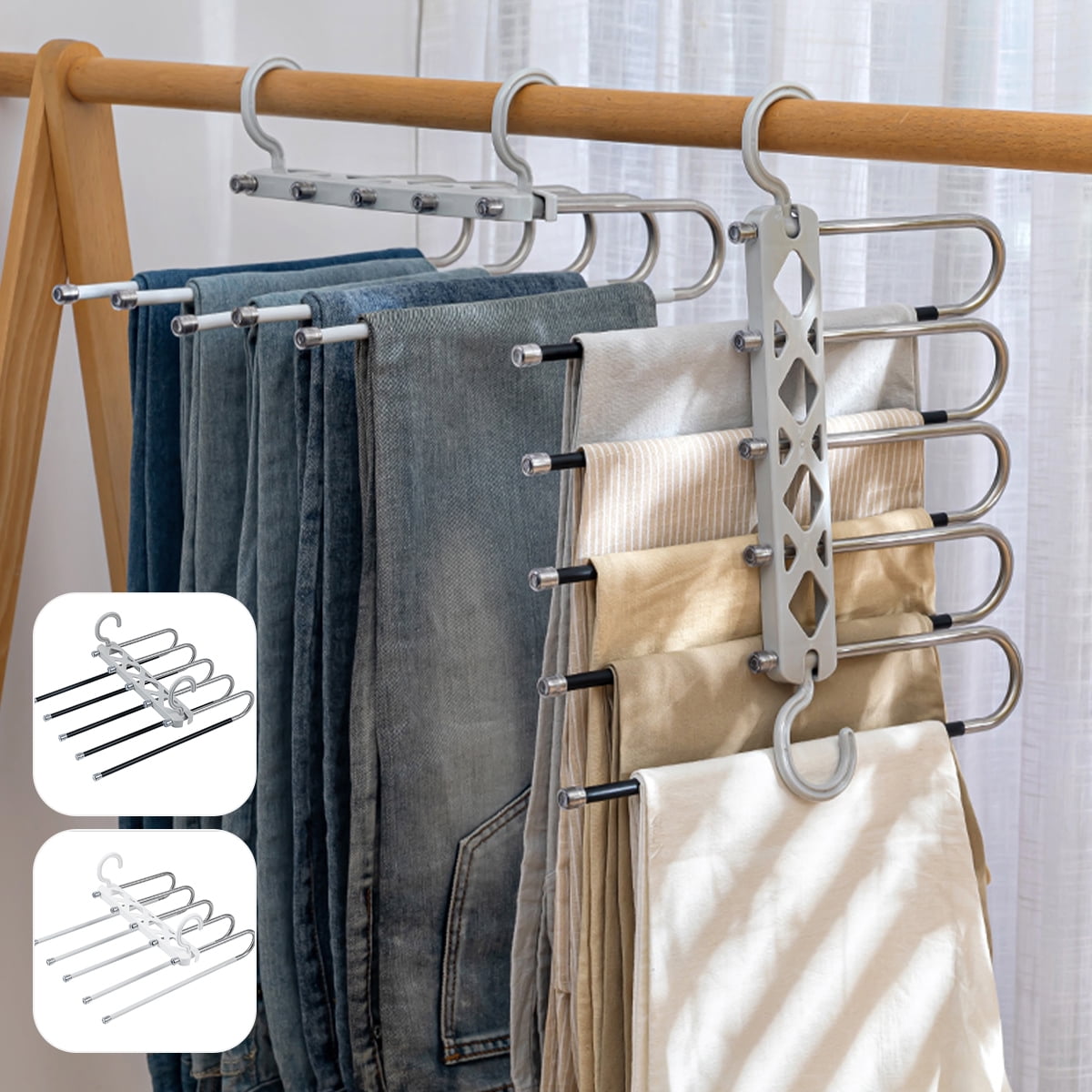 Pants Hangers Space Saver, 5 in 1 Wooden Hangers, Hangers for Jeans Trousers  Ties Belt Organizer