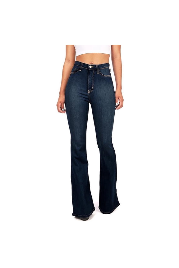 Trouser Jeans for Women Women's Flare Bell Bottom Jeans High Waisted Wide Leg Boot Cut Jeans Stretchy Denim Pants S-17 Dark Blue L