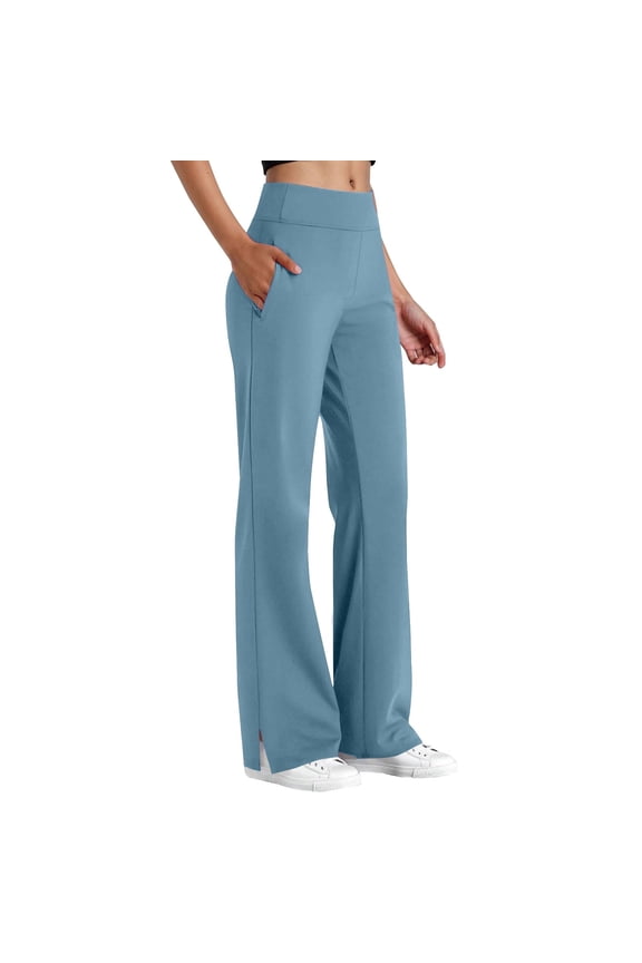 Trouser Style Yoga Pants for Women High Waist Straight Leg Pull On Pants Casual Work Office Long Trousers with Side Slit