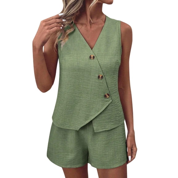 Trouser Suits for Ladies Wedding Womens Waistcoat and Trouser Set 2 Piece Set V Neck Sleeveless Button Vest Wide Leg Trouser 2 Piece Blazer Suit Summer Matching Sets Linen Pants Set