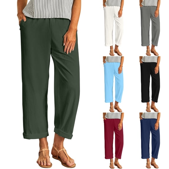 Trouser for Women Plus Size Women Summer Casual Loose Elastic Waist Wide Leg Stretch Lounge Linen Pockets Pants