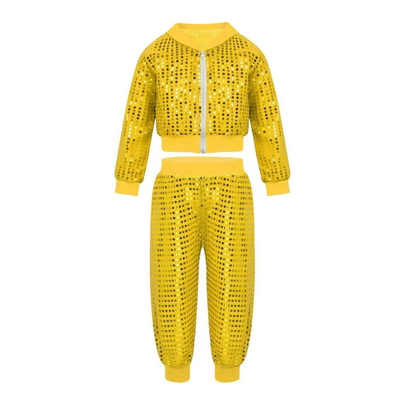 Trousers Pants for Women Shiny Sequins Street Dance Outfits Hop Jazz Dance Performance Full Zipper Tops with Harem Pants Set Dress Pants Women Yellow M