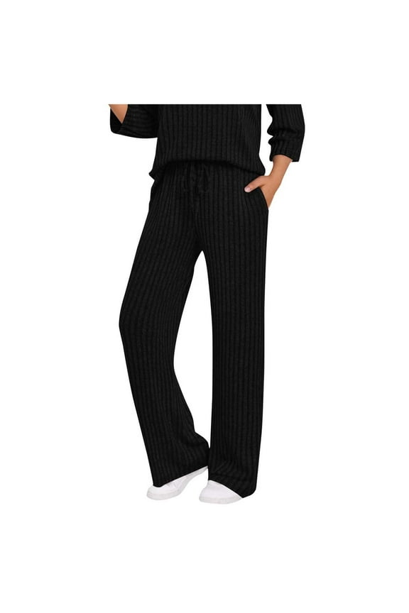 Trousers Pants for Women Straight Leg New Plus Size Pants for Women Ribbed Knit Loungewear Elastic High Waist Casual Wide Leg Trousers with Pockets Black XXL