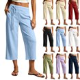 thumbnail image 1 of Trousers Pants for Women Dqueduo Women's Solid Color Elastic Waist Casual Pocket Straight-Leg Cropped Pants – Cotton-Linen Blend Light Blue L, 1 of 8