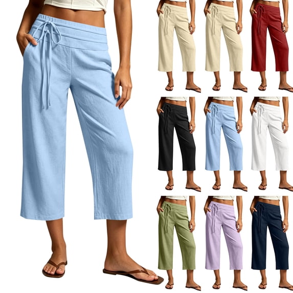 Trousers Pants for Women Dqueduo Women's Solid Color Elastic Waist Casual Pocket Straight-Leg Cropped Pants – Cotton-Linen Blend Light Blue L