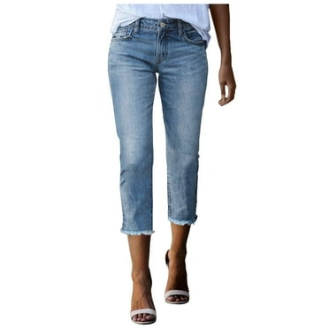 Trousers Pants for Women Fashion Capri Jeans Stretchy Distressed Hem Washed Straight Leg Denim Pants Womens Capri Pants Blue XXL