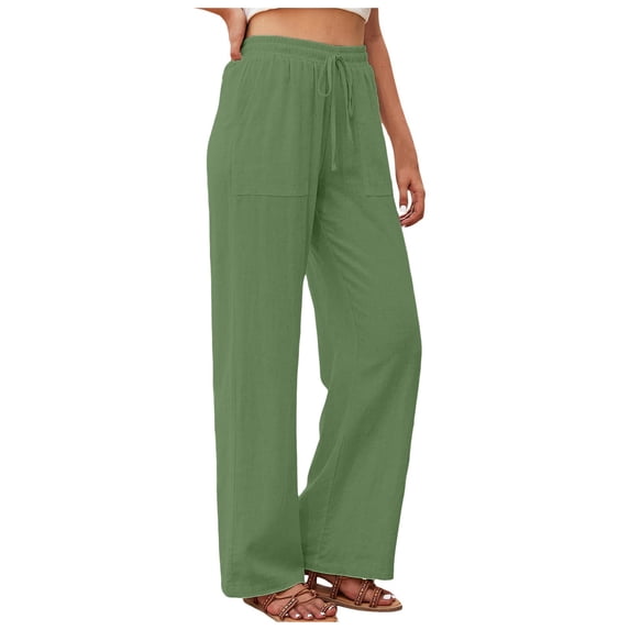Trousers Pants for Women Linen High Waisted Straight Casual Flowy Wide Leg Drawstring with Pockets Womens Trousers