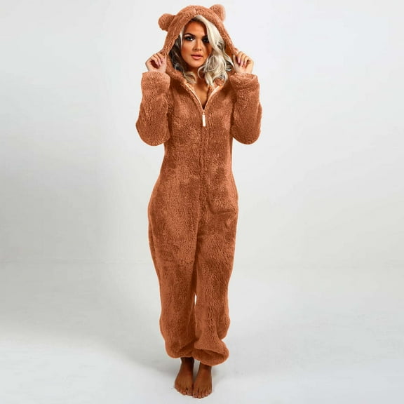 Trousers for Women Casual Fall Womens Fleece Onesie Pajamas Jumpsuit Warm Fuzzy Romper Sleepwear Zipper Hooded Playsuit Loungewear Women's Trousers Pants Fall S-46 Orange XXL