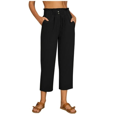 Trousers for Women Clearance Elasticated Waist Casual 3/4 Length Pants Cotton Linen Lightweight Summer Loose fit Capri Pants Straight Wide Leg Soft Stretchy Pull On Trousers