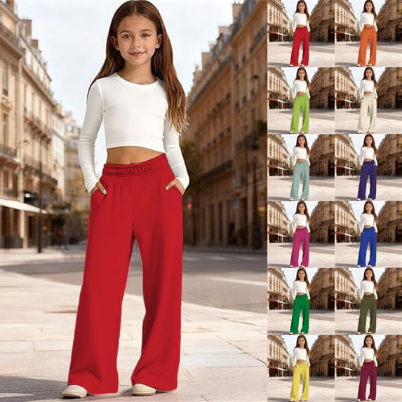 Trousers for Girls Kids High Waisted Soft Stretch Solid Color Wide Leg Cargo Sweatpants Casual Pants with Pockets Everyday Wear Outfits