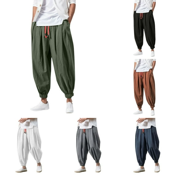 Trousers for Men Men's Solid Harem Pants Loose Drop Crotch Trousers Elastic Drawstring Waist Drop Crotch Cotton Linen Pants Men's Pants White M