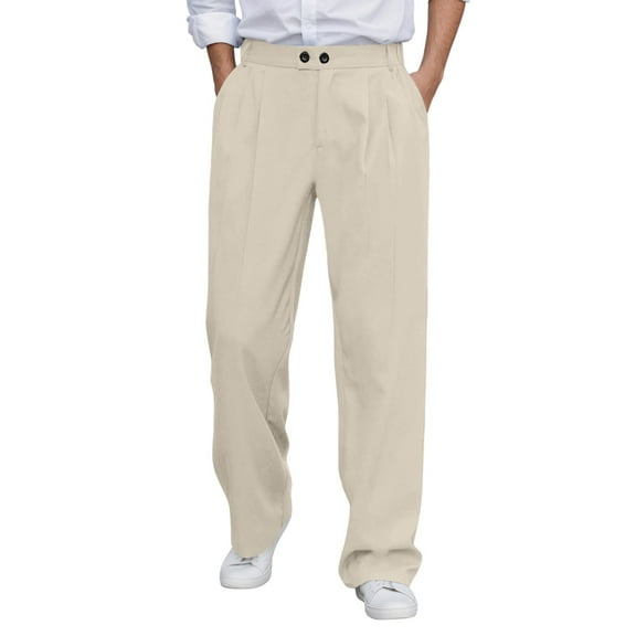 Trousers for Men Solid Color Casual Dress Pants Flat Front Trousers for Business and Daily Wear with Stretch Waistband Pants for Men White XXL