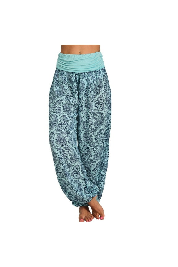 Trousers for Women Boho Casual Button Harem Loose Leg Pocket Wide Print Fashion Trousers