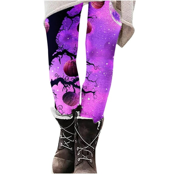 Trousers for Women Women Halloween Leggings, High Waisted Stretchy Yoga Pants, Funny Print Workout Athletic Loungewear Tights S-47 Purple M