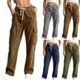 thumbnail image 1 of Trousers for Women Women's Fashion Solid Color Cargo Straight-Leg Pants With Multiple Pockets Elastic Waist Drawstring Khaki Xxl, 1 of 6