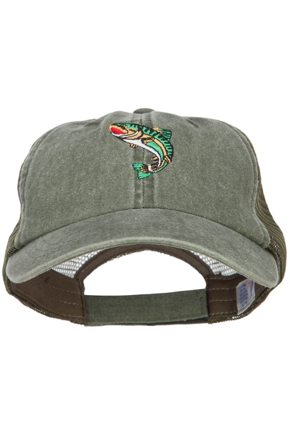 Trout Embroidered Washed Trucker Cap - Olive Olive OSFM