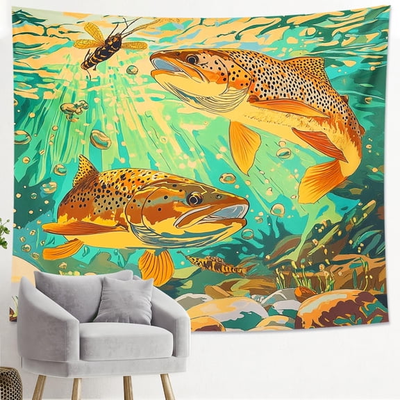 Trout Fish Aquatic Blue Green Tapestry, Underwater Nature Scene Wall Hanging, Decorative Art for Bedroom, Living Room, Dorm, Aesthetic Ocean Decor 40x60 Inch