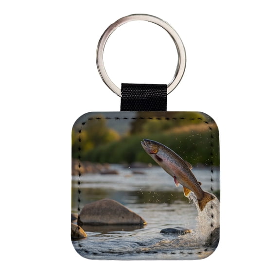 Trout Fish Jumping Fishing Faux Leather Square Keychain
