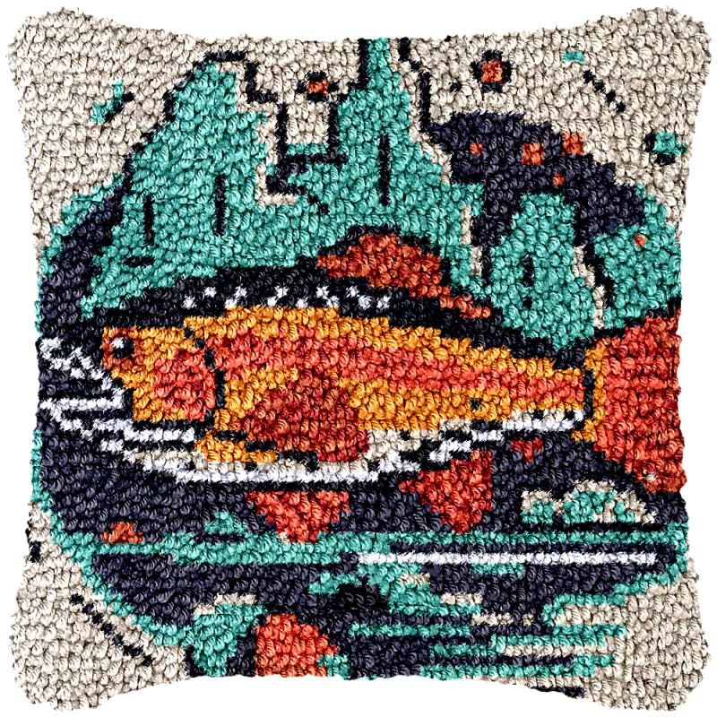 Trout Fish Latch Hook Pillow Cover Kits for DIY Handmade Throw Pillow Cross Stitch Latch Hook Pillowcase Rug Kits with Preprinted Color Pattern Canvas Crochet Yarn Kits 17''X 17''(ys108)