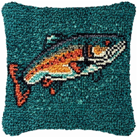 Trout Fish Latch Hook Pillow Cover Kits for DIY Handmade Throw Pillow Cross Stitch Latch Hook Pillowcase Rug Kits with Preprinted Color Pattern Canvas Crochet Yarn Kits 17''X 17''(ys228)