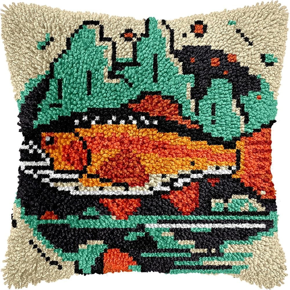 Trout Fish Latch Hook Pillow Kits for DIY Throw Pillow Cushion Embroidery Latch Hooking Pillowcase Kits with Preprinted Canvas Crochet Yarn Kits for Home Decor 17''X 17''(d247)