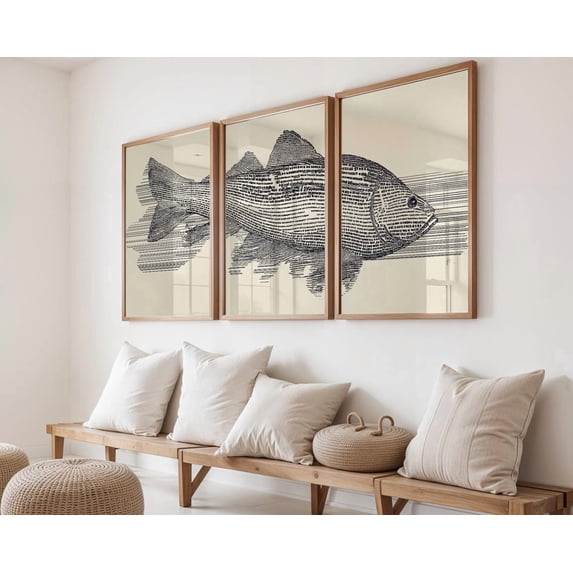 Trypyich Trout Fish Linocut Art Print Set Coastal Nautical Beige Ocean Triptych ...