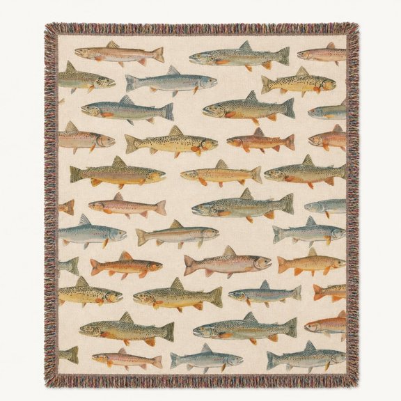 Trout Fish Woven Cotton Blanket, Rustic Fishing Cabin Throw with Fringe