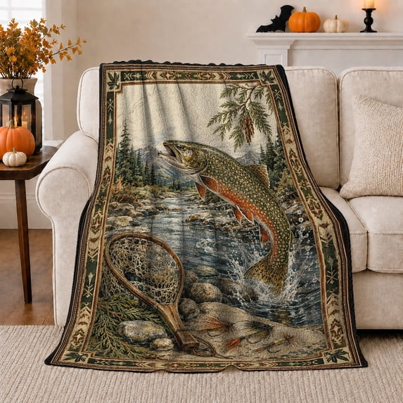 Trout Fishing Scene with Net and Mountain Stream, Rustic Angler Nature Art for Fishing Lovers, Birthday Gift, Soft Flannel Blanket for Cabin, Classic Lodge Home Decor