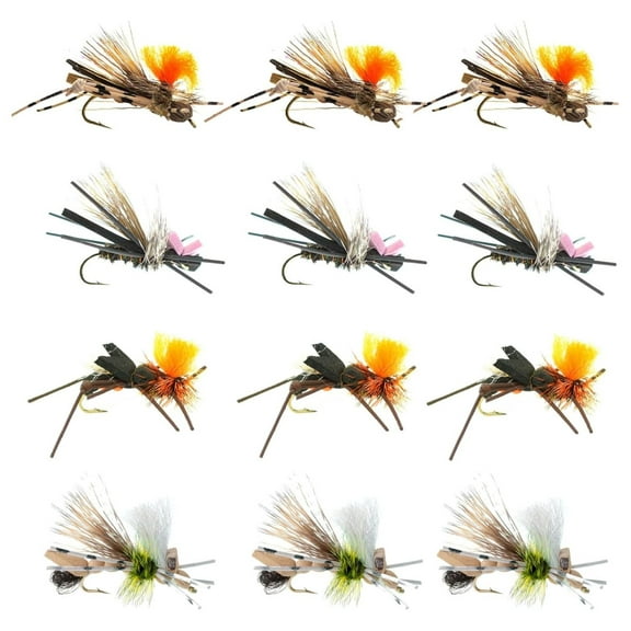 Trout Flies Assortment - 12 Dry Flies, 4 Patterns, Foam Body, Size 10 - Stream Fly Fishing Bait for Trout, Bass, Panfish Assorted Hopper Patterns Hook Size 10