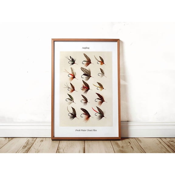 Trout Flies Fishing Vintage Angler Rustic Cabin Art, Unframed Paper Poster 8x10in