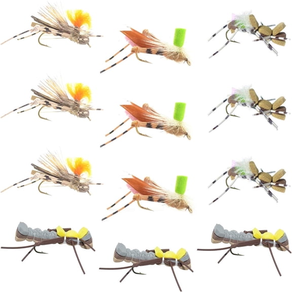 Trout Fly Assortment - Foam Body High Visibility Grasshopper Dry Fly Collection - 1 Dozen Flies - Hook Size 10 - Fly Fishing Hopper Dropper