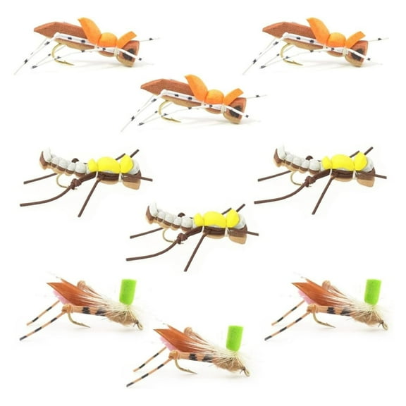 Trout Fly Fishing Flies - 9 Assortment Foam Body Dry Flies - Hook Size 10 - Trout, Bass, Panfish - Stream, River, Lake Fishing Assorted Hopper Fly Colors