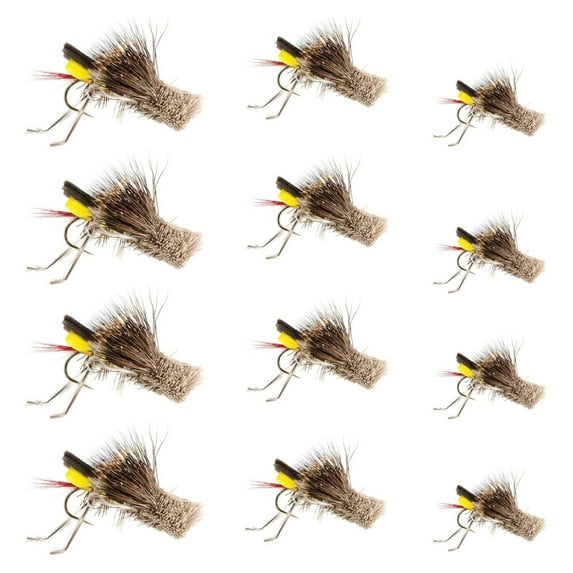 Trout Fly Fishing Flies - Yellow Foam Dry Flies - 12 Pack - Sizes 8, 10, 12 - Terrestrial Fly Assortment for Trout, Bass, Panfish Yellow Grasshopper Hook Sizes 8, 10, and 12